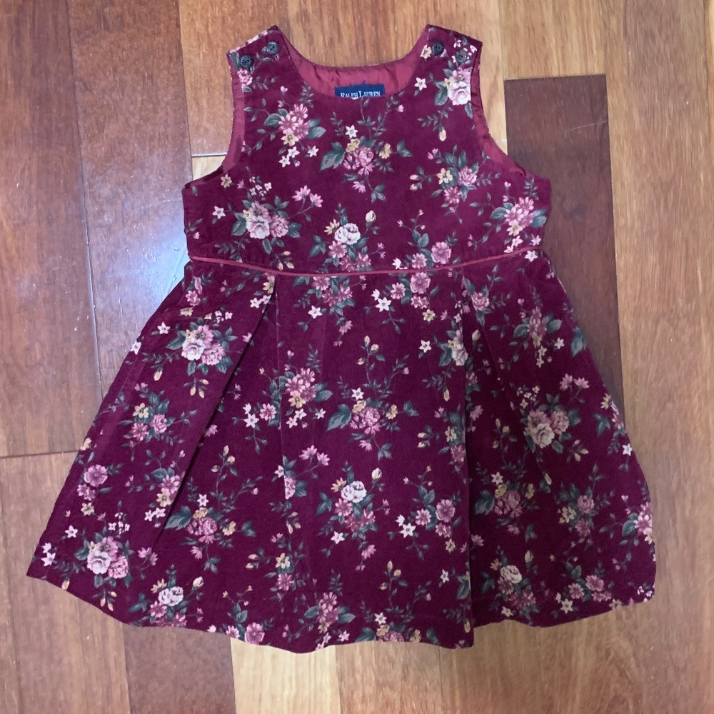 Toddler Girls Ralph Lauren Corduroy Pink Burgundy Floral Pinafore Dress 3T